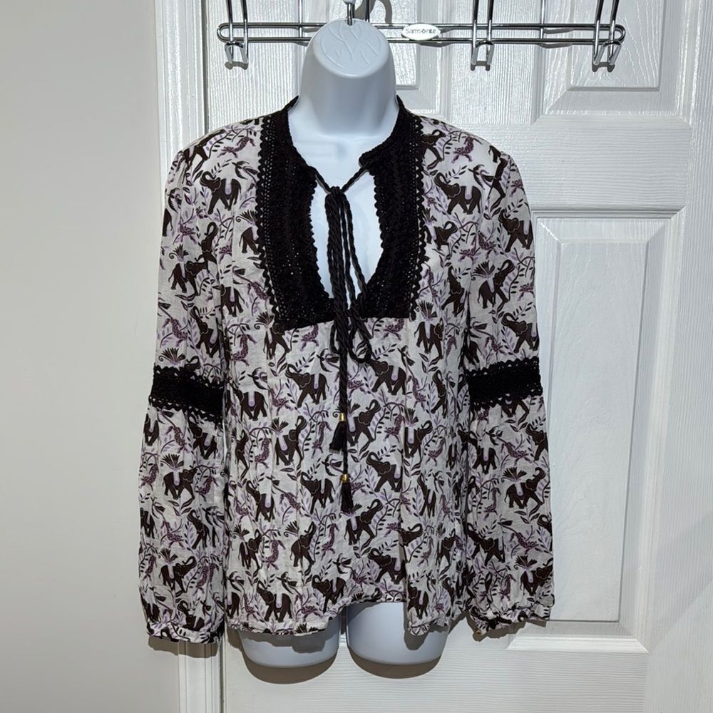Tory‎ Burch Women’s Long Sleeve Tie Front Cotten Elephant Print Blouse size 8